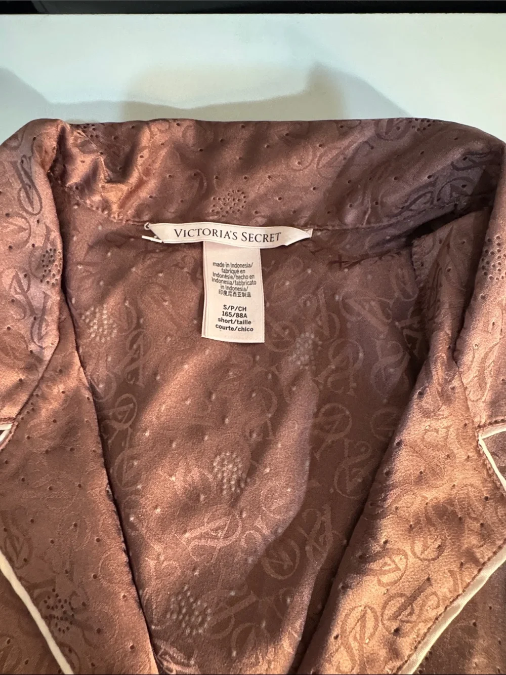 Victoria's Secret Brown Paisley Satin Pajama Set with Cream Piping